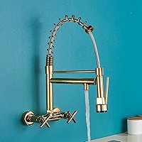 MARBO Elite Luxury Kitchen Sink Tap | Wall-Mounted, 360° Pull-Down Sprayer, Gold Finish | Multi-Function Spray Head with Hot & Cold Functionality