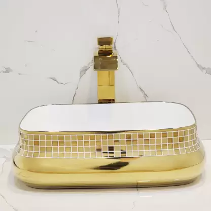 MARBO 136 Premium Grade Ceramic's Designer Table Top Wash Basin Table Top Basin  (GLOSSY WHITE, GLOSSY GOLDEN)