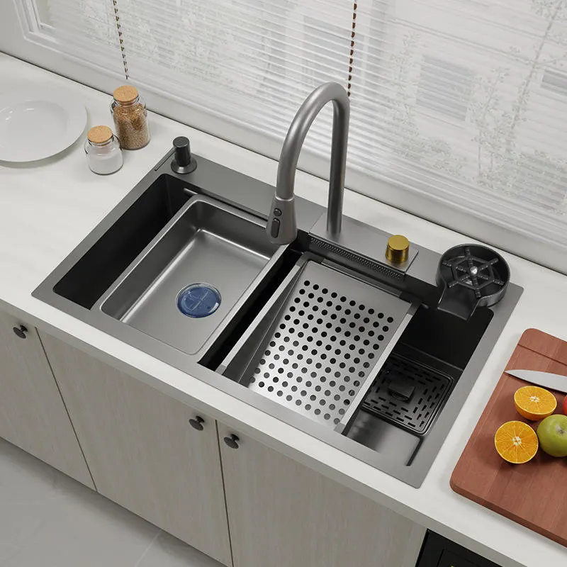 Marbo Kitchen Sink with Integrated Waterfall and Pull-down Faucet (Set/304 Grade Stainless Steel Sink) with Cup washer & Drain Baskets (30x18x9 inch...