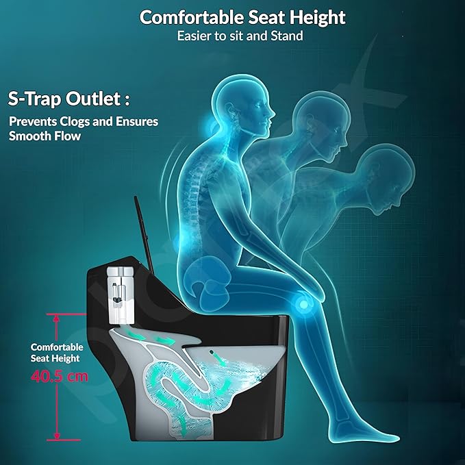 MARBO Imported Platinum Ceramic Western Toilet/Commode for Toilet/Siphonic Vacuum Jet Flush One Piece Commode With Soft Close Toilet Seat - S Trap Outlet (Black)