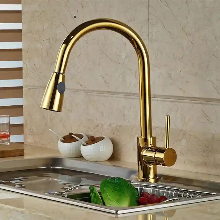 MARBO Brass Single Lever Kitchen Sink Mixer 360° Rotatable Kitchen Sink Tap Pull Out Kitchen Faucet Gold Color