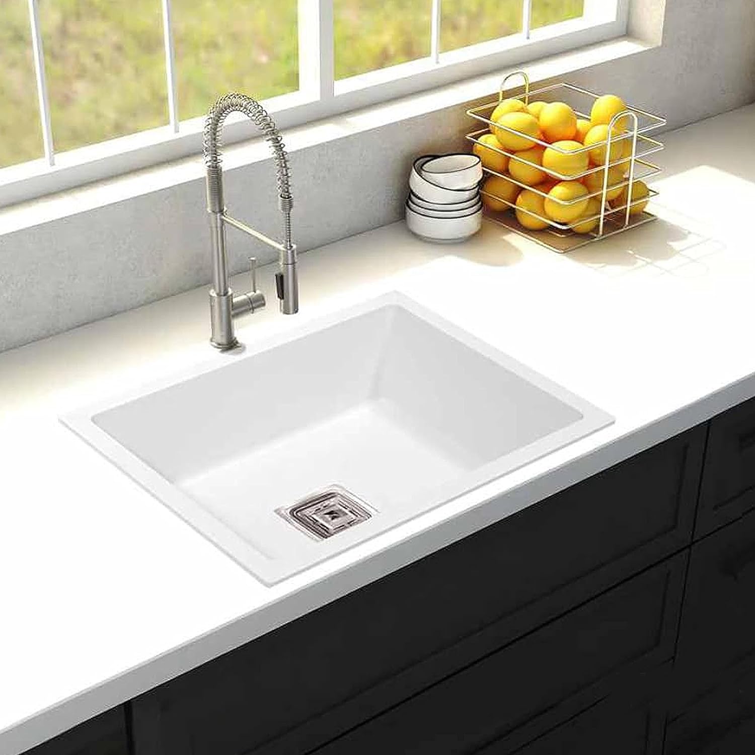 MARBO Granite Quartz Kitchen Sink 24x18x9 Inch White with Accessories (Waste Coupling and Pipe) | Single Big Bowl Premium Luxury Sink for Kitchen (White Colour) |