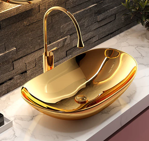 MARBO Ceramic Counter or Table Top Wash Basin Gold 600x350*145 mm