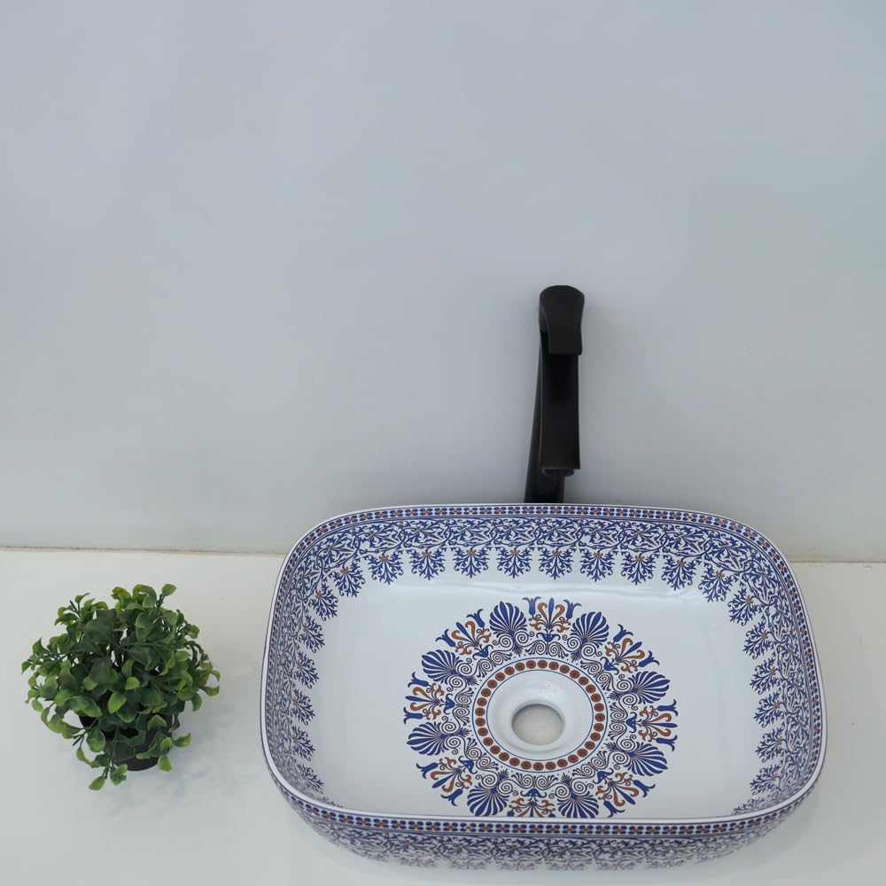 MARBO New Designer Ceramic Table Top Basin for Bathroom Over Counter Wash Basin for Living Room Washbasin for Home Hotels restaurant (Glossy Finish,18x13x5.5Inch)(Blue Moroccan Design)