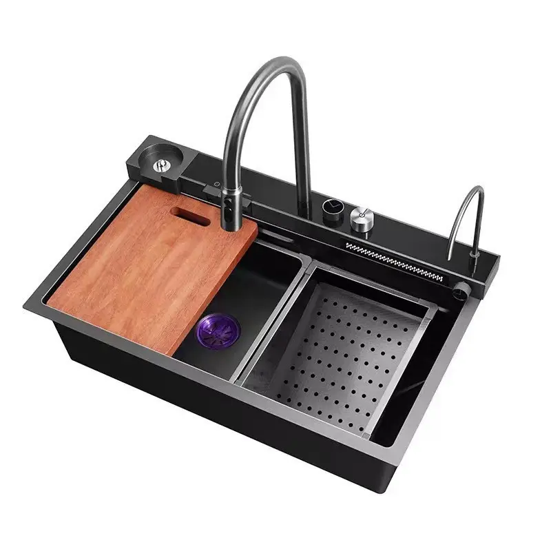 Marbo modern multifunction waterfall kitchen sink 304 stainless steel Single Bowl Black Waterfall Kitchen Sink
