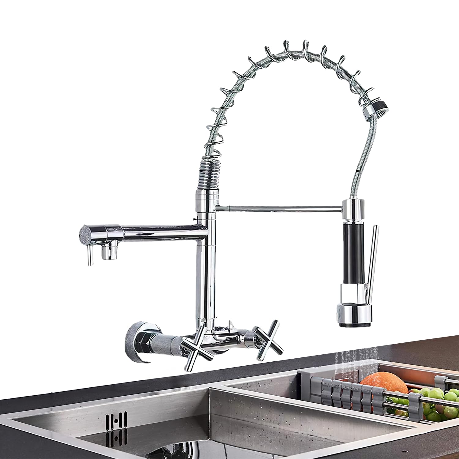 MARBO Elite Luxury Kitchen Sink Tap | Wall-Mounted, 360° Pull-Down Sprayer, Chrome Finish | Multi-Function Spray Head and Hot & Cold Functionality