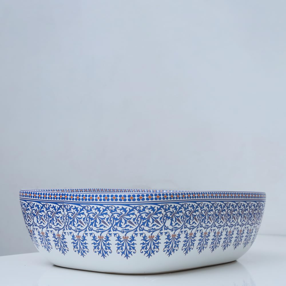 MARBO New Designer Ceramic Table Top Basin for Bathroom Over Counter Wash Basin for Living Room Washbasin for Home Hotels restaurant (Glossy Finish,18x13x5.5Inch)(Blue Moroccan Design)