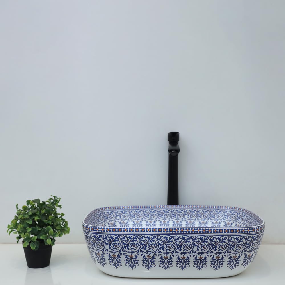 MARBO New Designer Ceramic Table Top Basin for Bathroom Over Counter Wash Basin for Living Room Washbasin for Home Hotels restaurant (Glossy Finish,18x13x5.5Inch)(Blue Moroccan Design)