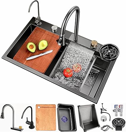 Marbo Kitchen Sink with Integrated Waterfall and Pull-down Faucet (Set/304 Grade Stainless Steel Sink) with Cup washer & Drain Baskets (30x18x9 inch...