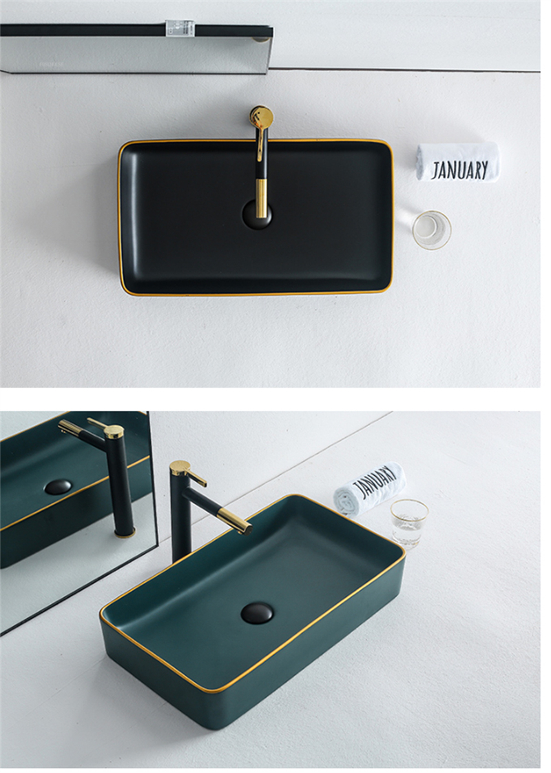 MARBO gold line ceramic Counter or Table Top Wash Basin Matt black and green colour 650x 380x110 mm