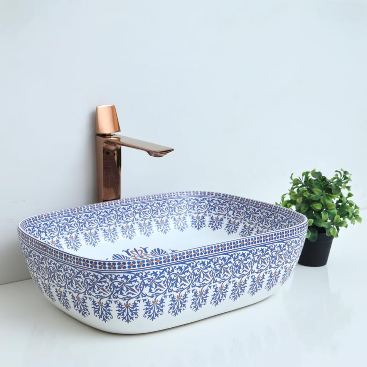 MARBO New Designer Ceramic Table Top Basin for Bathroom Over Counter Wash Basin for Living Room Washbasin for Home Hotels restaurant (Glossy Finish,18x13x5.5Inch)(Blue Moroccan Design)