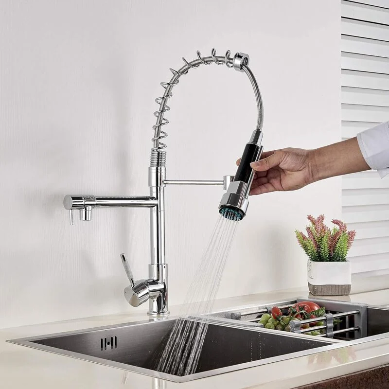 MARBO Elite Luxury Kitchen Sink Tap | Wall-Mounted, 360° Pull-Down Sprayer, Chrome Finish | Multi-Function Spray Head and Hot & Cold Functionality