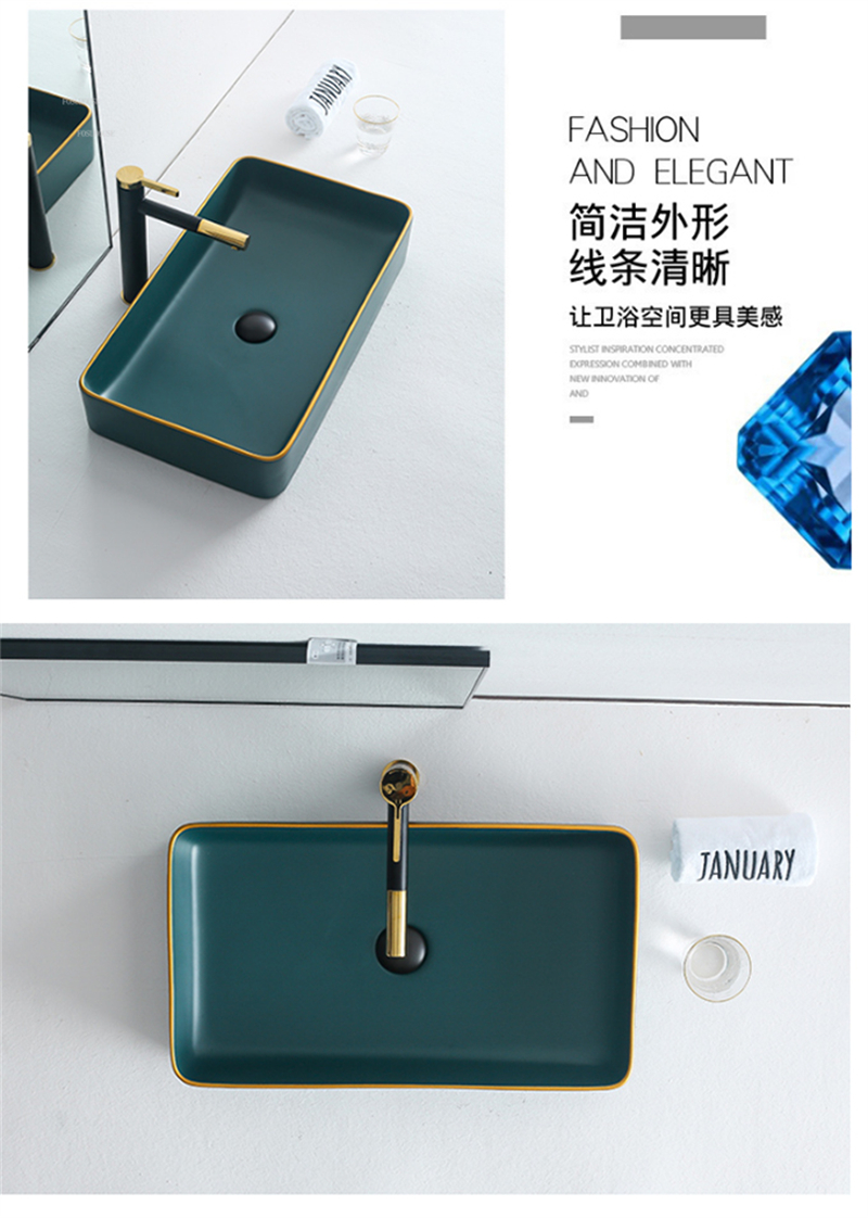 MARBO gold line ceramic Counter or Table Top Wash Basin Matt black and green colour 650x 380x110 mm