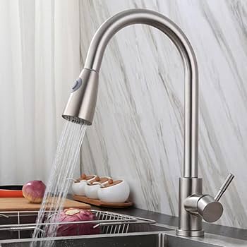 MARBO Chrome High Arc Kitchen Faucet - Single Handle with 360 Swivel and Pull Down Sprayer
