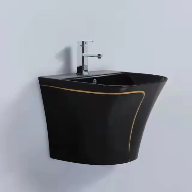 MARBO Ceramic Bathroom Wc Black Colored Bowl Toilet Commode And Sink Set 1
