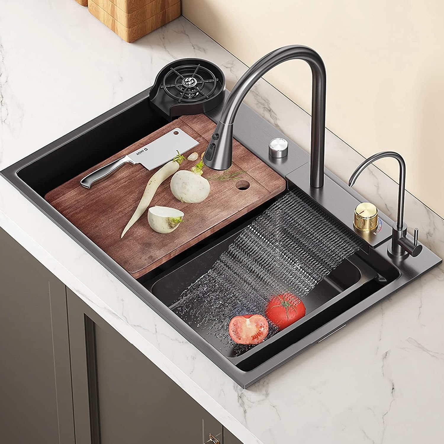 Marbo Kitchen Sink with Integrated Waterfall and Pull-down Faucet (Set/304 Grade Stainless Steel Sink) with Cup washer & Drain Baskets (30x18x9 inch...