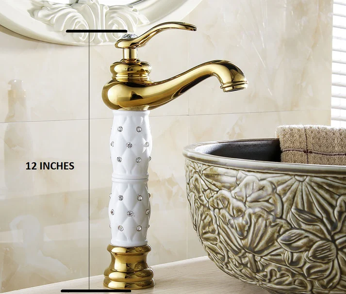 MARBO Bathroom Single Lever Hole Basin Mixer Brass Basin High Neck Long Body Sink Faucet White Gold