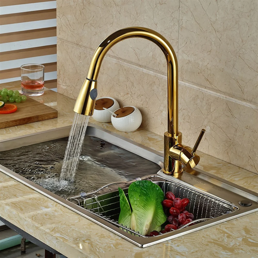 MARBO Brass Single Lever Kitchen Sink Mixer 360° Rotatable Kitchen Sink Tap Pull Out Kitchen Faucet Gold Color