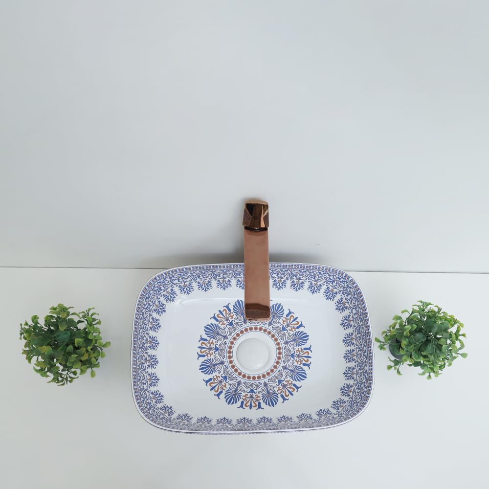 MARBO New Designer Ceramic Table Top Basin for Bathroom Over Counter Wash Basin for Living Room Washbasin for Home Hotels restaurant (Glossy Finish,18x13x5.5Inch)(Blue Moroccan Design)